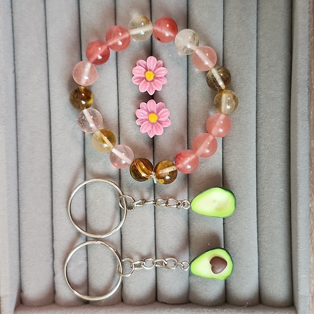 Flower earrings, glass bead bracelet, avocado keychain bundle
